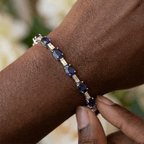 Alternating Blue Sapphire Oval & Baguette Cut Tennis Bracelet For Women