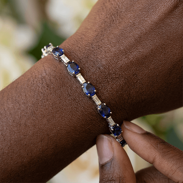 Alternating Blue Sapphire Oval & Baguette Cut Tennis Bracelet For Women