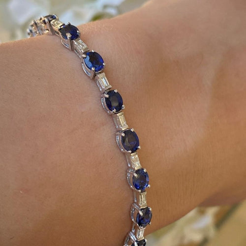 Vintage Oval & Baguette Cut Created Blue Sapphire Tennis Bracelet For Women Belovegrace