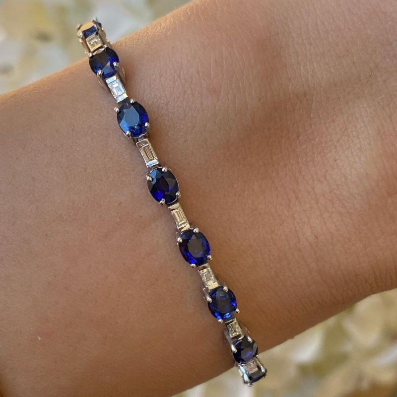 Vintage Oval & Baguette Cut Created Blue Sapphire Tennis Bracelet For Women Belovegrace