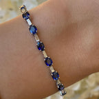 Vintage Oval & Baguette Cut Created Blue Sapphire Tennis Bracelet For Women Belovegrace