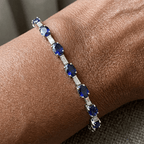 Alternating Blue Sapphire Oval & Baguette Cut Tennis Bracelet For Women