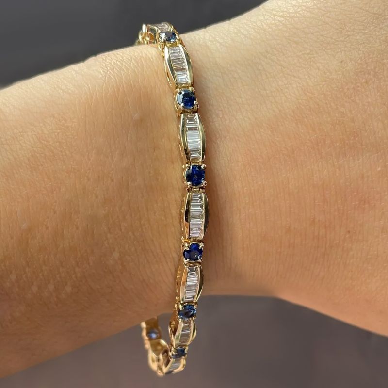 Golden Round & Baguette Cut Blue & White Sapphire Tennis Bracelet For Women Belovegrace
