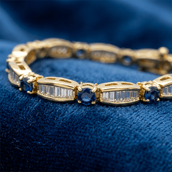 Golden Round & Baguette Cut Blue & White Sapphire Tennis Bracelet For Women