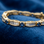 Golden Round & Baguette Cut Blue & White Sapphire Tennis Bracelet For Women