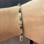 Golden Round & Baguette Cut Blue & White Sapphire Tennis Bracelet For Women Belovegrace