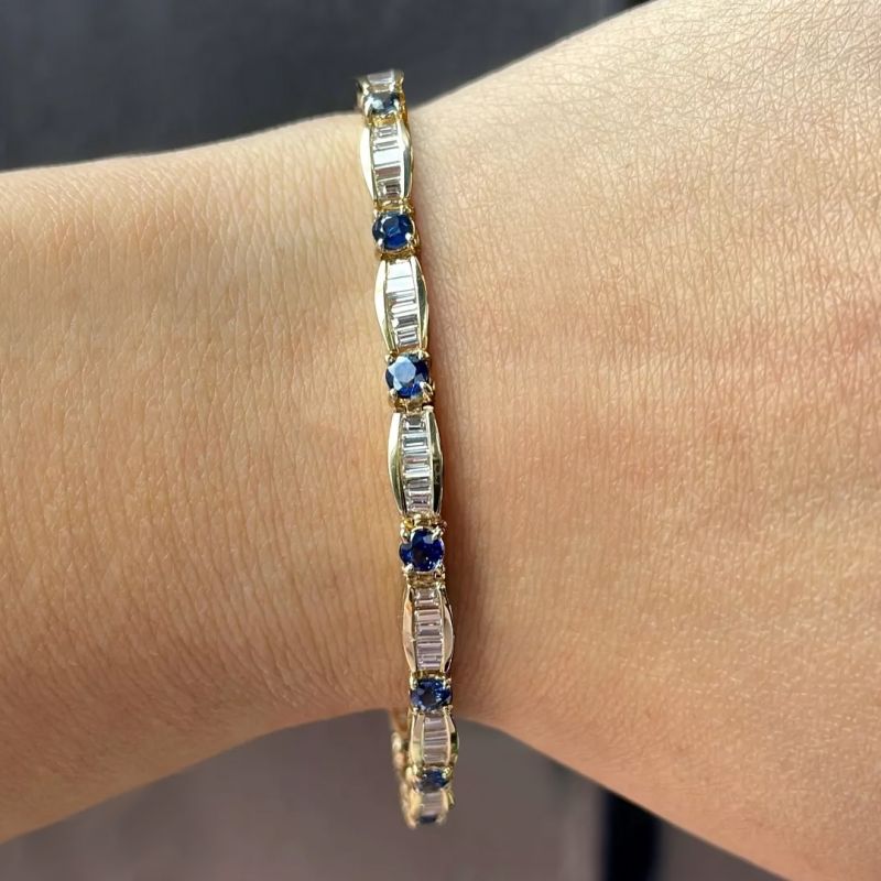 Golden Round & Baguette Cut Blue & White Sapphire Tennis Bracelet For Women Belovegrace