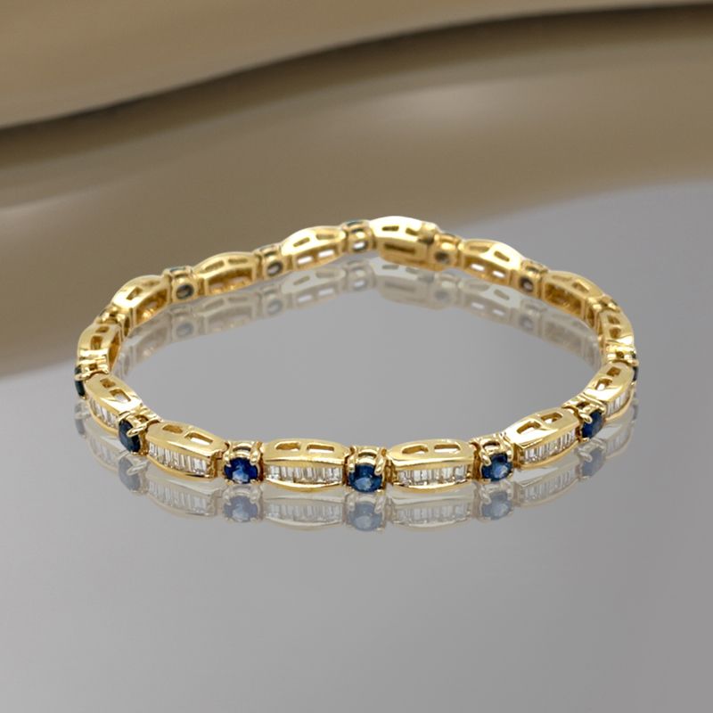 Golden Round & Baguette Cut Blue & White Sapphire Tennis Bracelet For Women Belovegrace