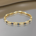Golden Round & Baguette Cut Blue & White Sapphire Tennis Bracelet For Women Belovegrace