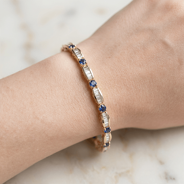 Golden Round & Baguette Cut Blue & White Sapphire Tennis Bracelet For Women