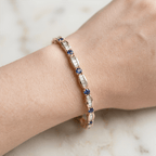 Golden Round & Baguette Cut Blue & White Sapphire Tennis Bracelet For Women