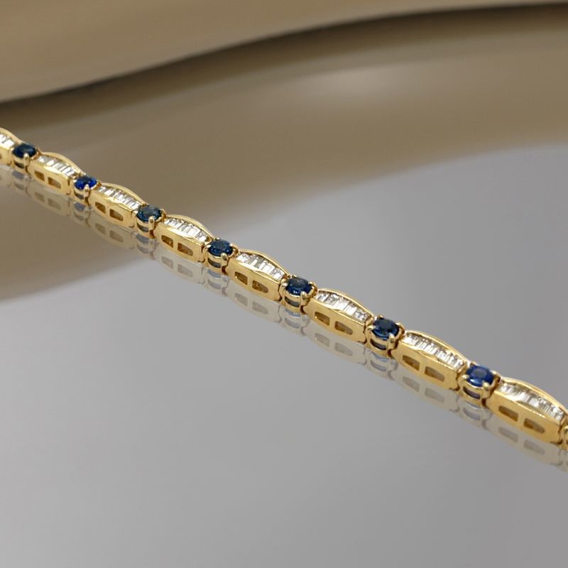 Golden Round & Baguette Cut Blue & White Sapphire Tennis Bracelet For Women Belovegrace