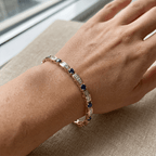 Golden Round & Baguette Cut Blue & White Sapphire Tennis Bracelet For Women