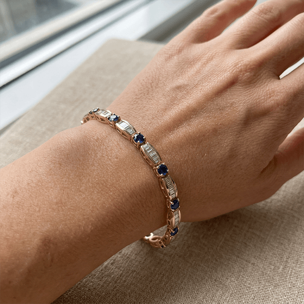 Golden Round & Baguette Cut Blue & White Sapphire Tennis Bracelet For Women