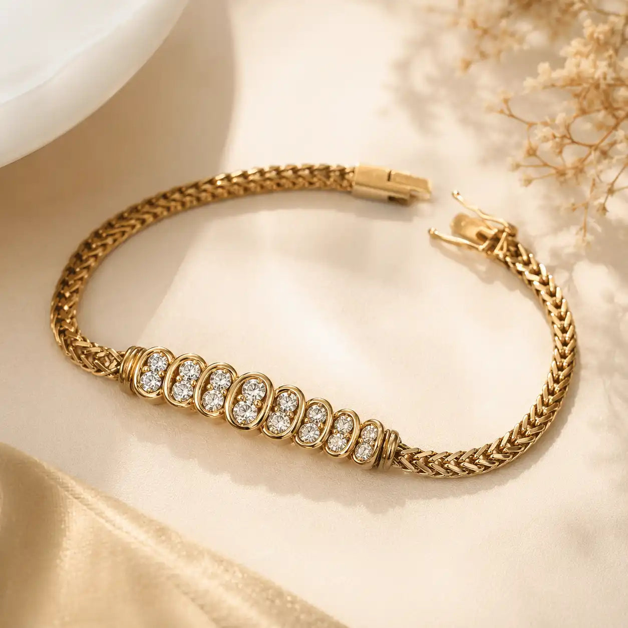 Art Deco Golden Round Cut White Sapphire Bracelet For Women