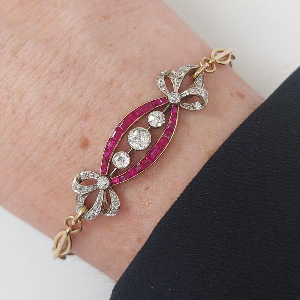 Antique Two Tone White & Ruby Sapphire Round Cut Bow Bracelet For Women Belovegrace