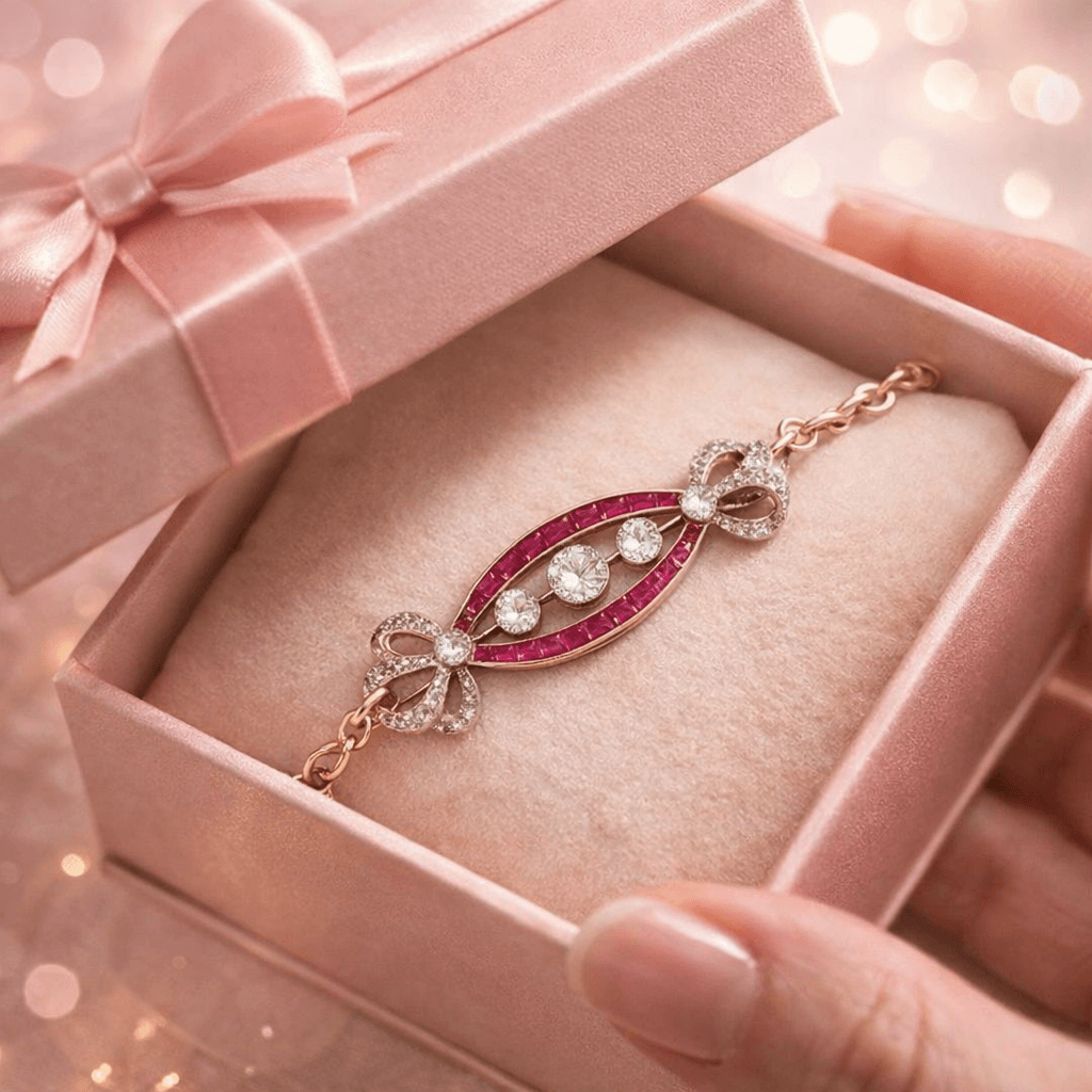 Antique Two Tone White & Ruby Sapphire Round Cut Bow Bracelet For Women