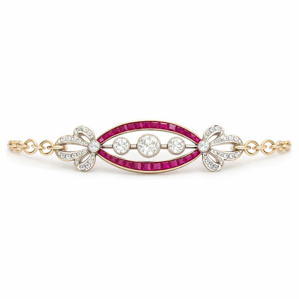 Antique Two Tone White & Ruby Sapphire Round Cut Bow Bracelet For Women