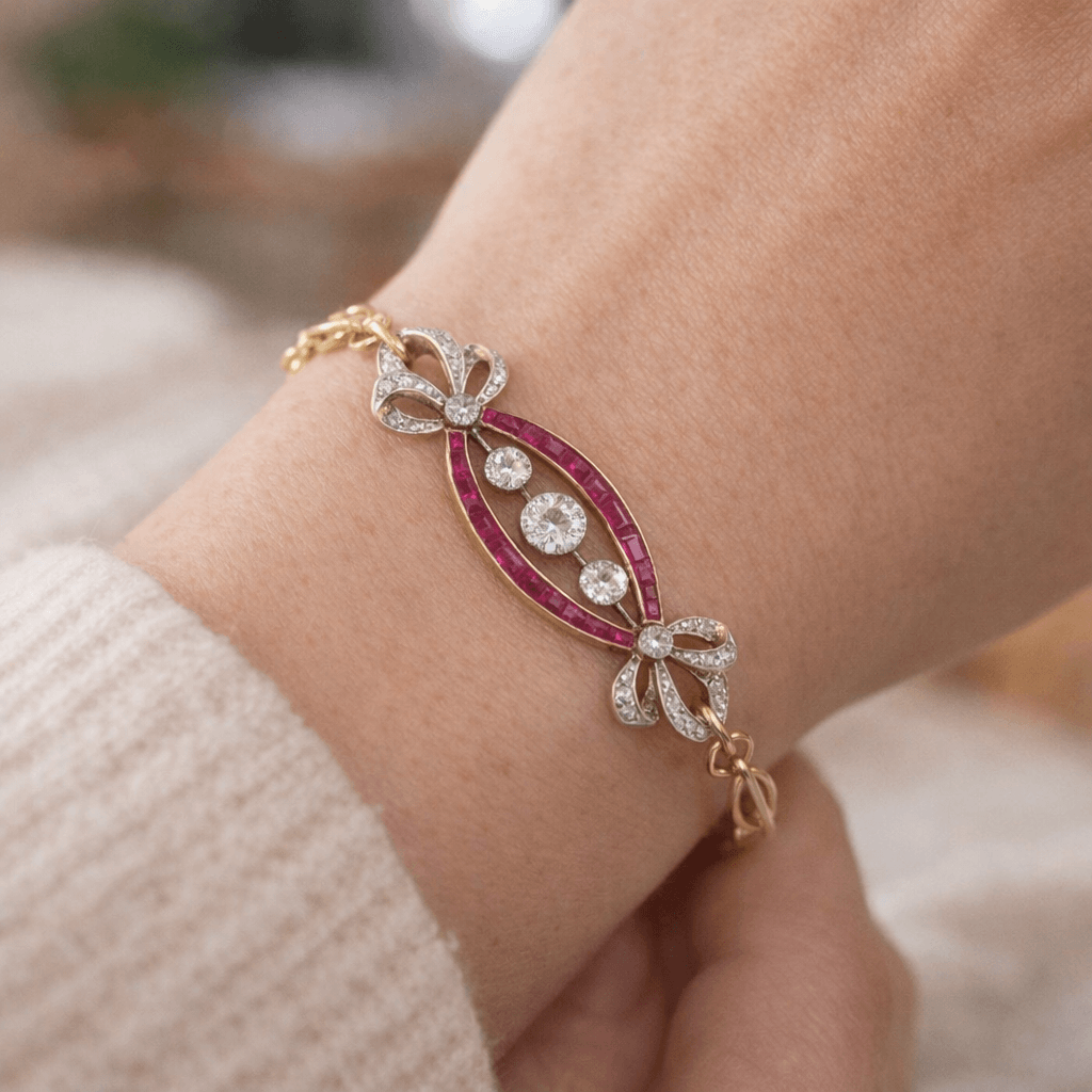 Antique Two Tone White & Ruby Sapphire Round Cut Bow Bracelet For Women