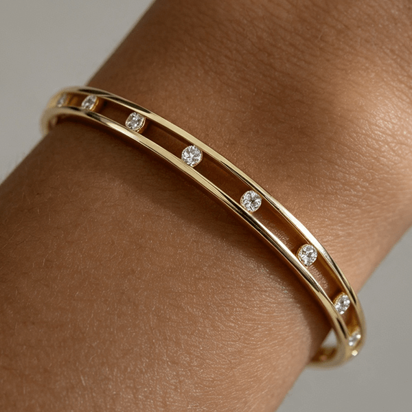 Luxury Jewelry Classic Channel Setting Round Cut White Sapphire Yellow Gold Bangle Bracelet For Women