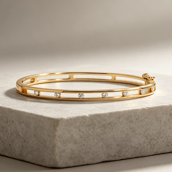 Luxury Jewelry Classic Channel Setting Round Cut White Sapphire Yellow Gold Bangle Bracelet For Women