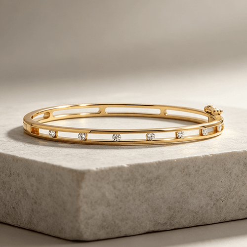 Luxury Jewelry Classic Channel Setting Round Cut White Sapphire Yellow Gold Bangle Bracelet For Women