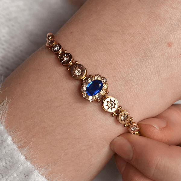 Luxury Jewelry Golden Vintage Halo Oval Cut Blue Sapphire Tennis Bracelet For Women