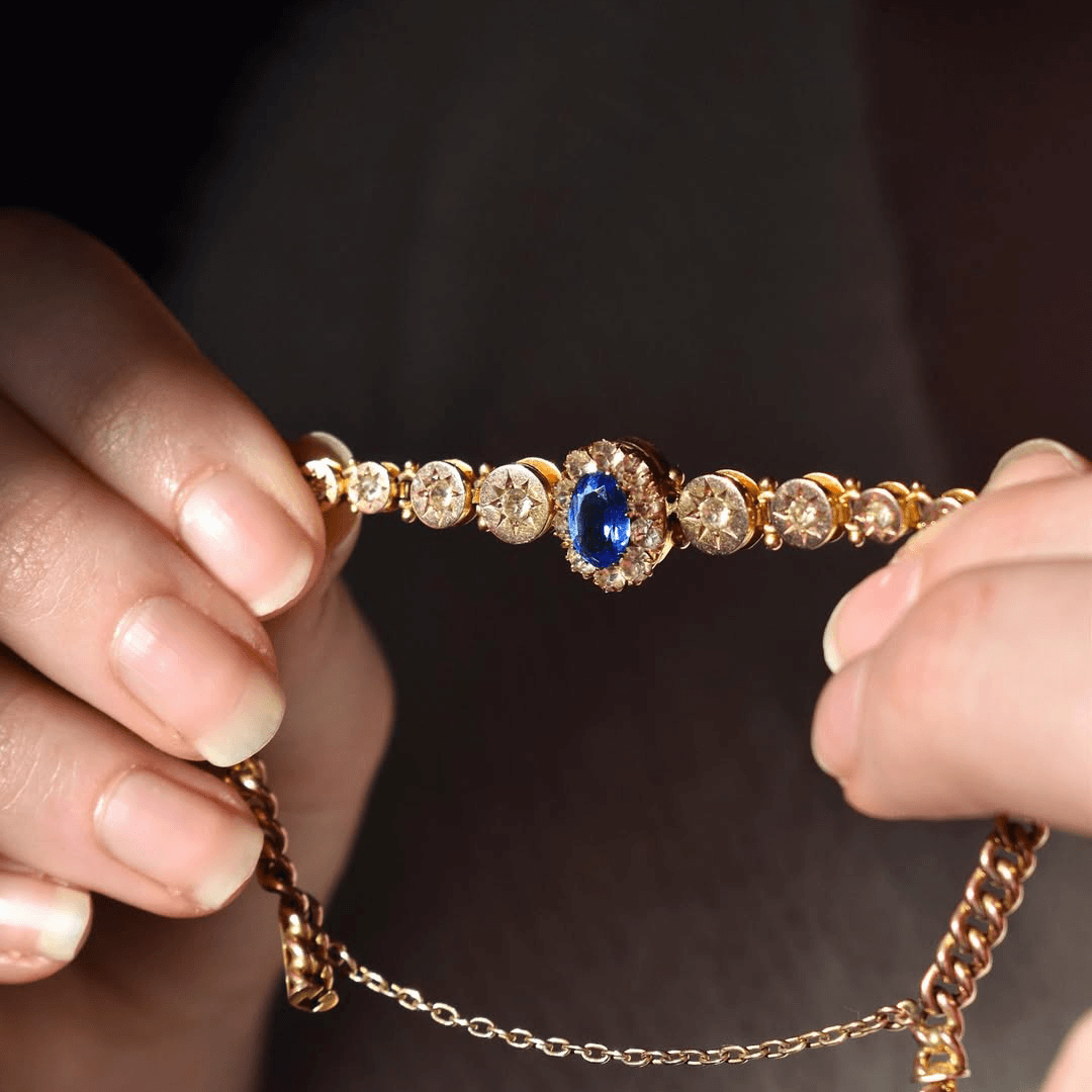 Luxury Jewelry Golden Vintage Halo Oval Cut Blue Sapphire Tennis Bracelet For Women
