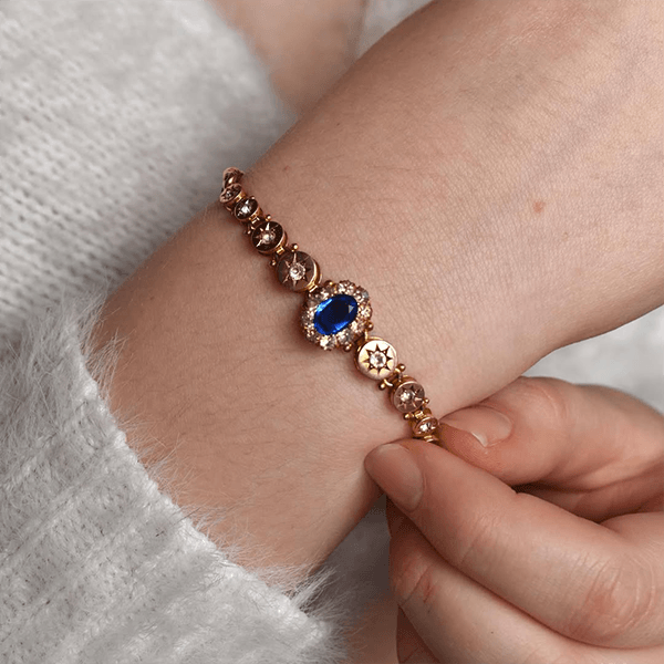 Luxury Jewelry Golden Vintage Halo Oval Cut Blue Sapphire Tennis Bracelet For Women