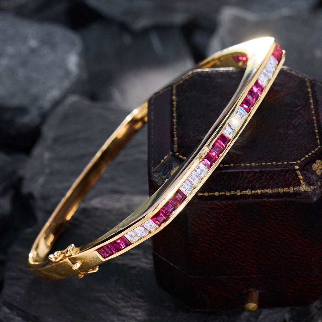 Luxury Jewelry Square Shaped Golden Channel Setting Asscher Cut Ruby & White Sapphire Bangle Bracelet For Women