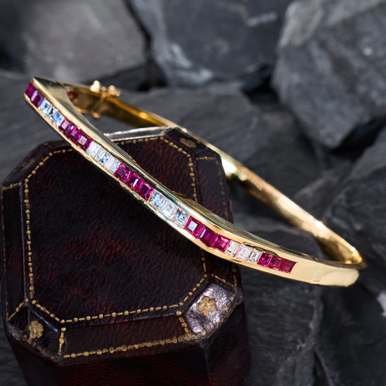Luxury Jewelry Square Shaped Golden Channel Setting Asscher Cut Ruby & White Sapphire Bangle Bracelet For Women