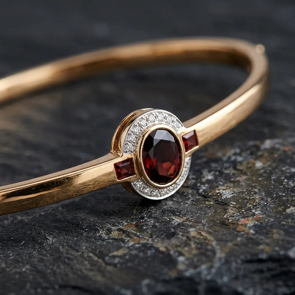 Luxury Jewelry Art Deco Golden Oval Cut White & Garnet Sapphire Bangle Bracelet For Women