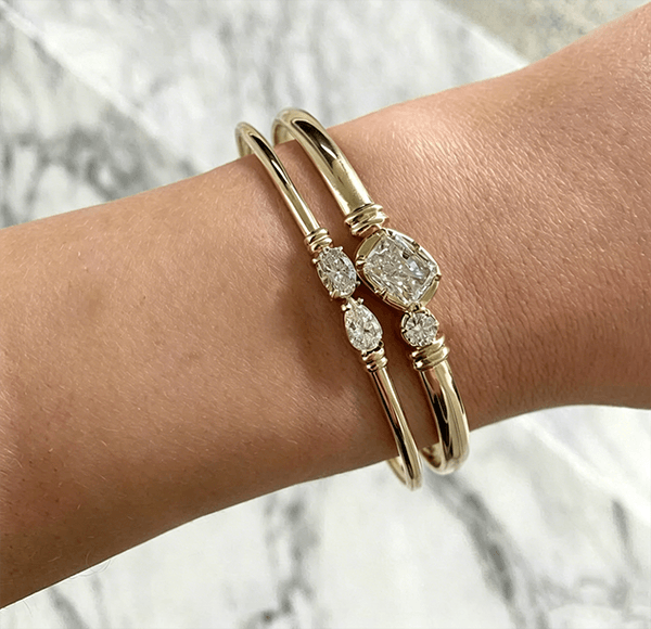 Luxury Jewelry Unique Design Golden Bezel Radiant & Round Cut White Sapphire Bangle Bracelet For Women
