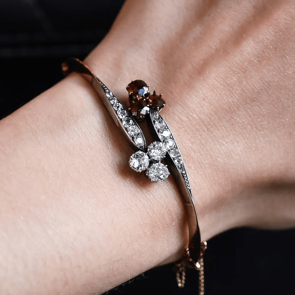 Vintage Two Tone Round Cut Ruby & White Sapphire Bangle Bracelet For Women