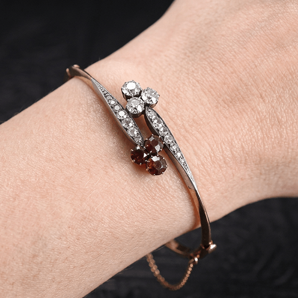 Vintage Two Tone Round Cut Ruby & White Sapphire Bangle Bracelet For Women