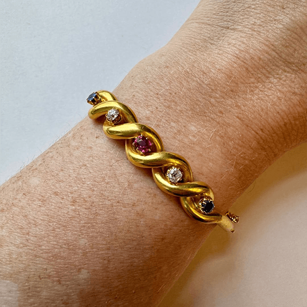 Luxury Jewelry Vintage Golden Twist Design Round Cut Ruby & Blue & White Sapphire Bangle Bracelet For Women