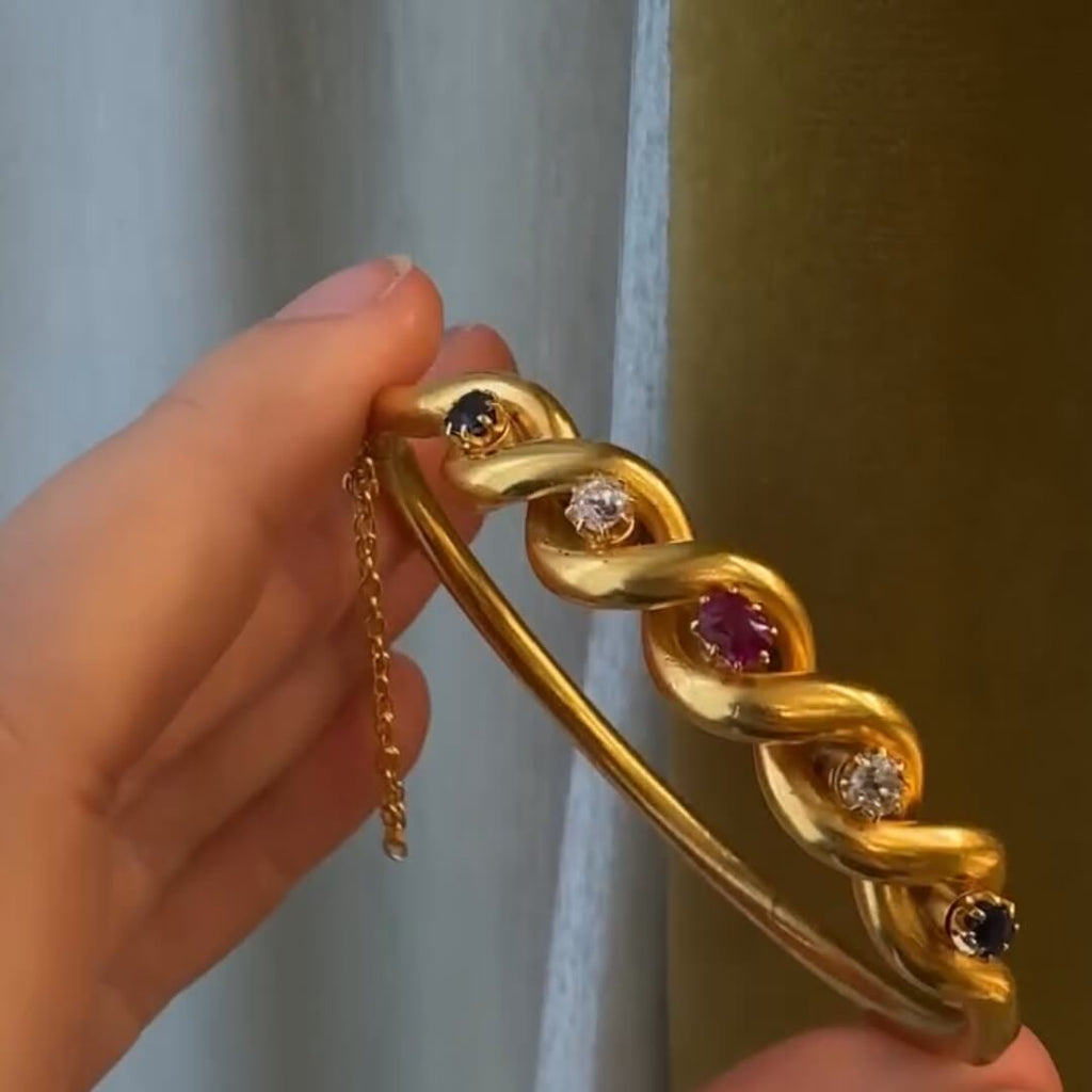 Luxury Jewelry Vintage Golden Twist Design Round Cut Ruby & Blue & White Sapphire Bangle Bracelet For Women