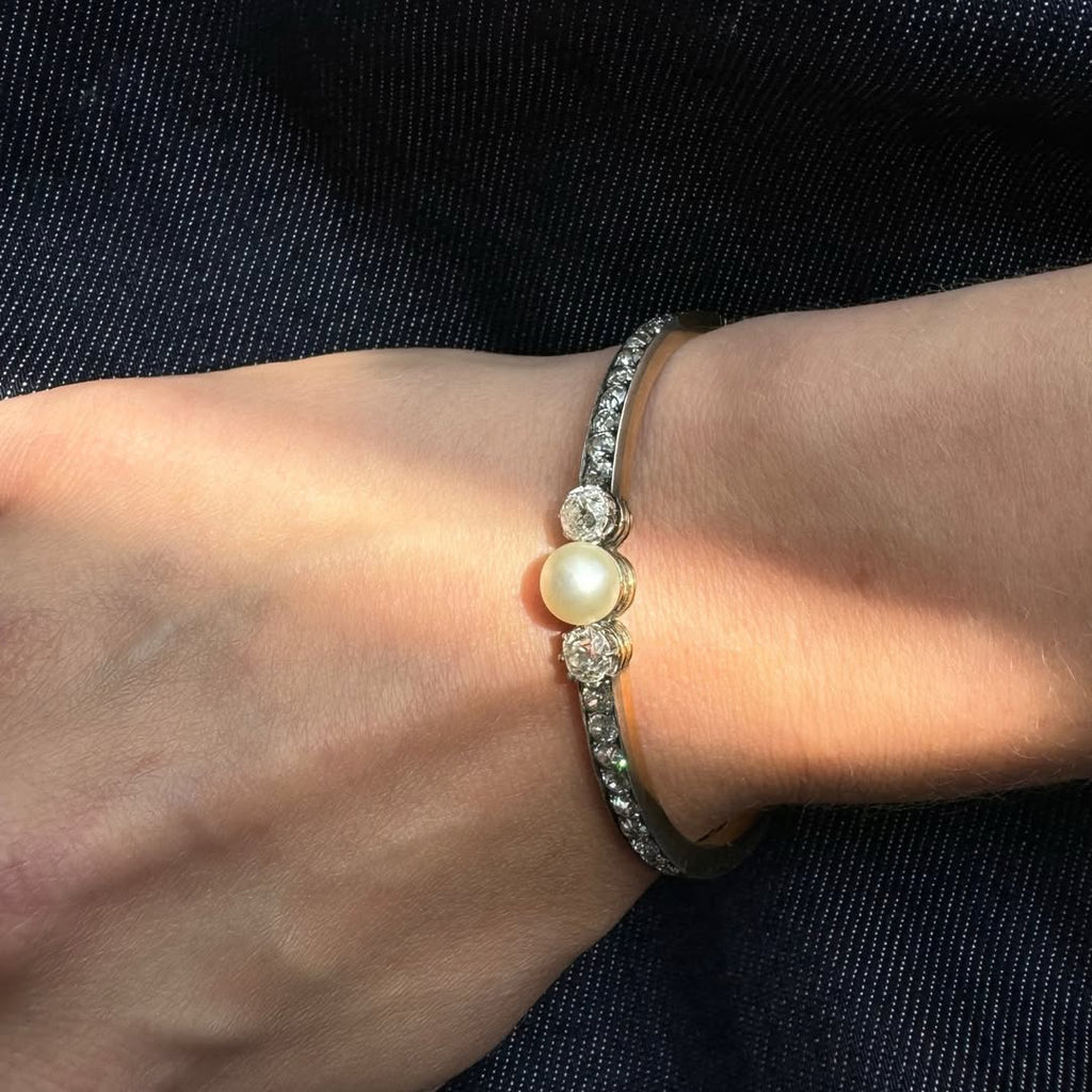 Luxury Jewelry Eternity Round Cut Pearl & White Sapphire Bangle Bracelet For Women
