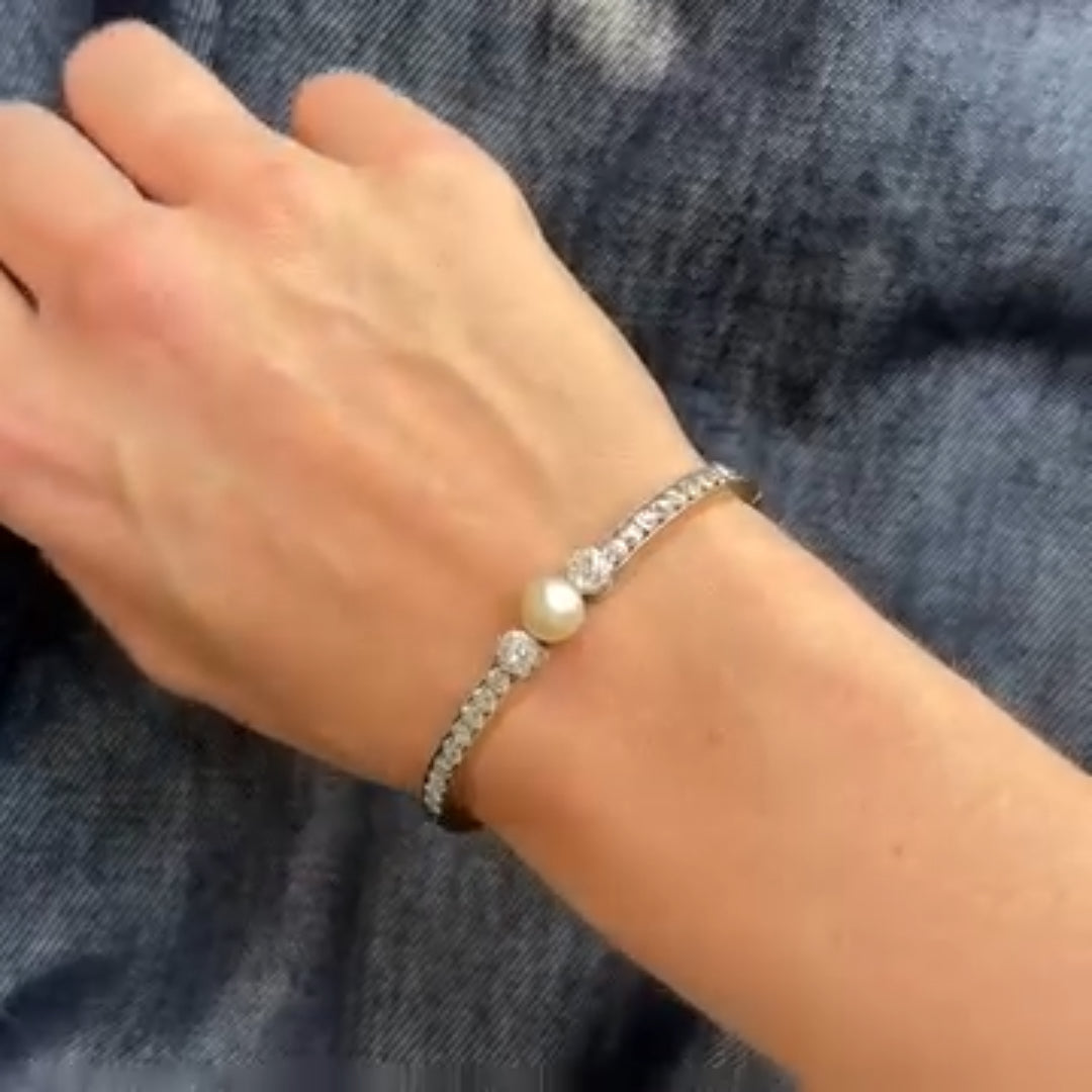 Luxury Jewelry Eternity Round Cut Pearl & White Sapphire Bangle Bracelet For Women