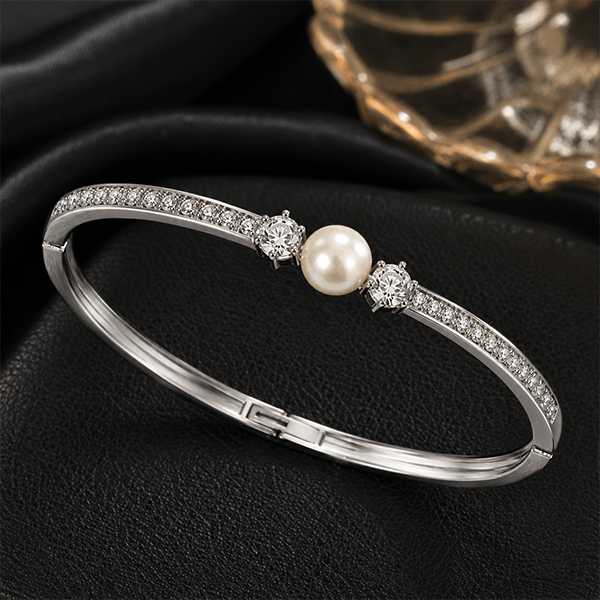Luxury Jewelry Eternity Round Cut Pearl & White Sapphire Bangle Bracelet For Women