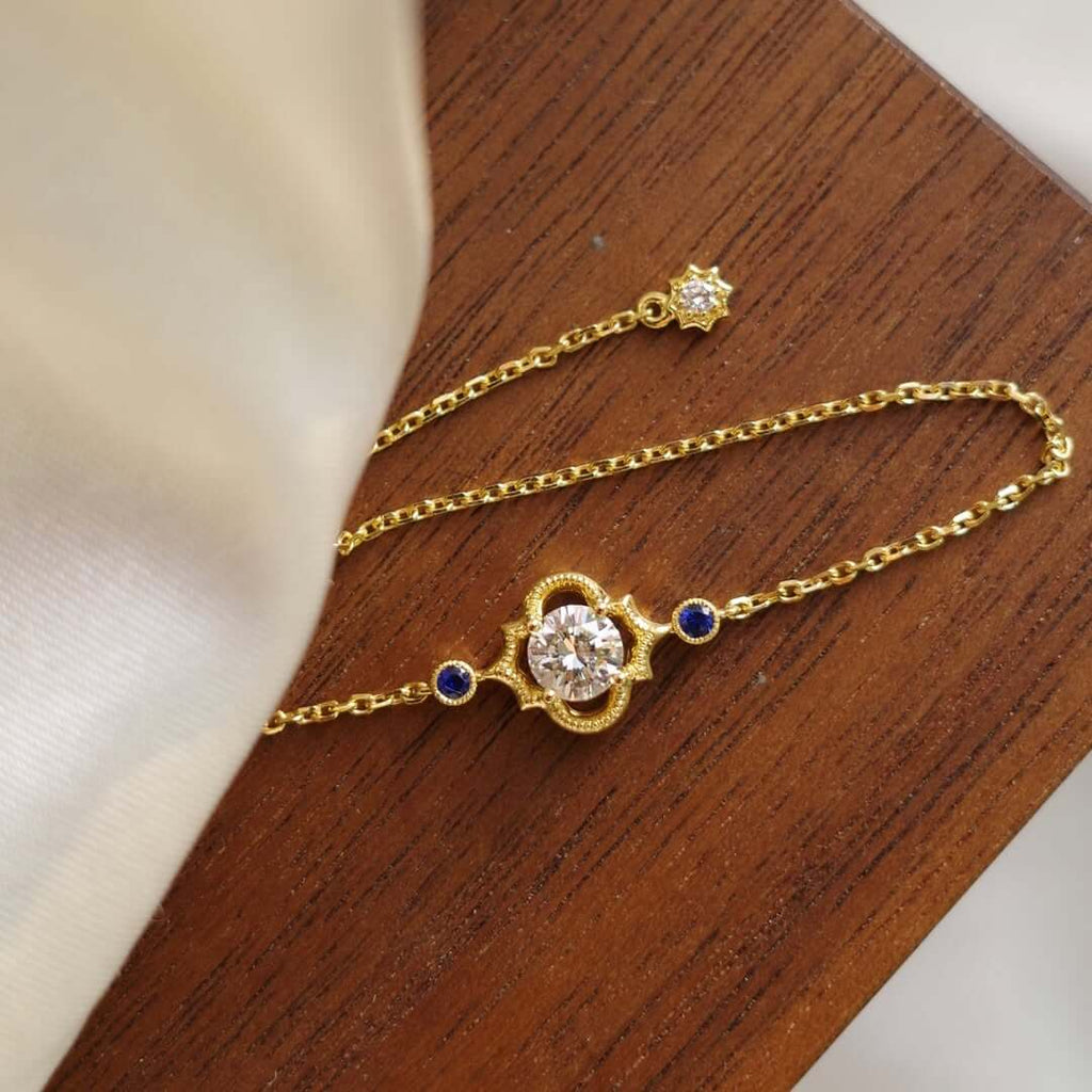 Classic Bezel Round Cut White & Blue Sapphire Gold Chain Bracelet For Women