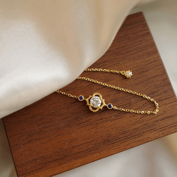 Classic Bezel Round Cut White & Blue Sapphire Gold Chain Bracelet For Women