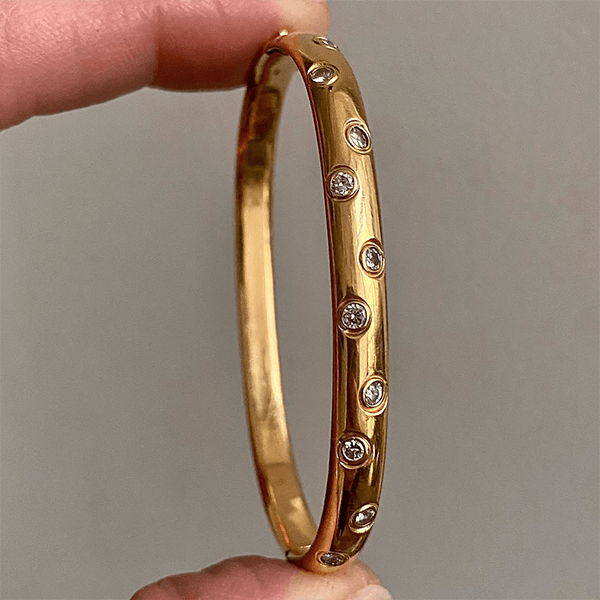 Classic Bezel Yellow Gold Round Cut White Sapphire Bangle Bracelet For Women