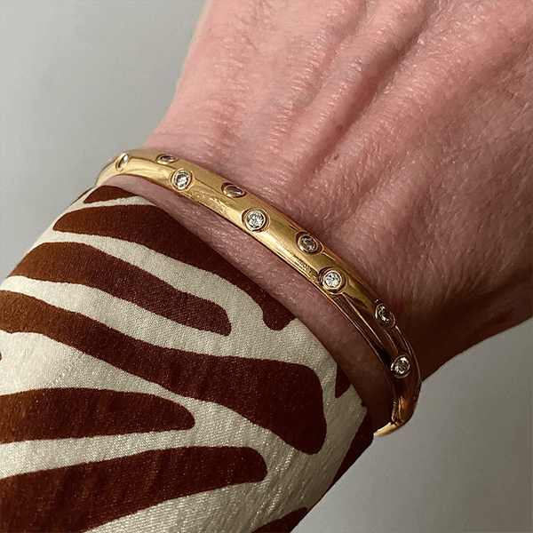 Classic Bezel Yellow Gold Round Cut White Sapphire Bangle Bracelet For Women