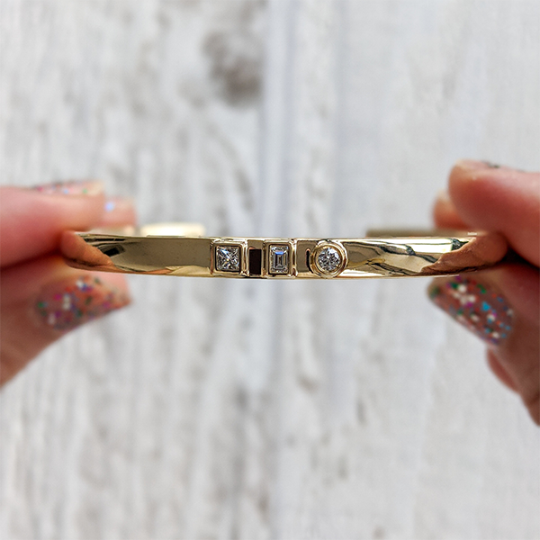 Yellow Gold 3 Stone Bezel Mixed Cut White Sapphire Bangle Bracelet For Women