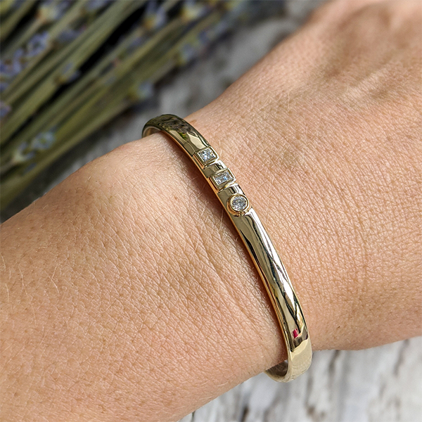 Yellow Gold 3 Stone Bezel Mixed Cut White Sapphire Bangle Bracelet For Women