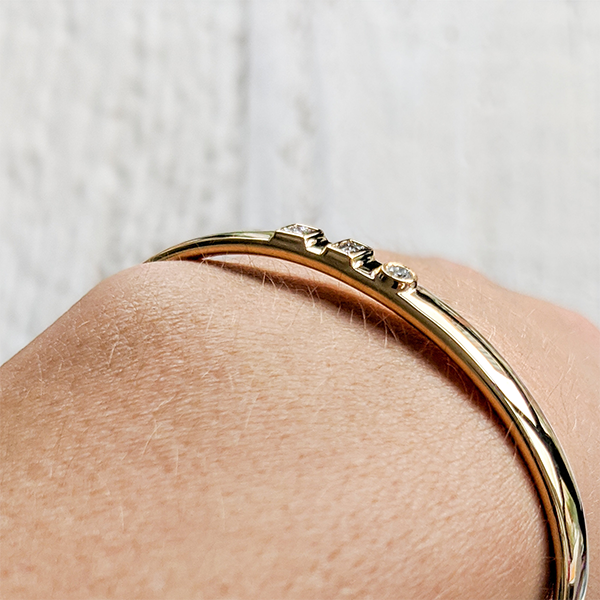 Yellow Gold 3 Stone Bezel Mixed Cut White Sapphire Bangle Bracelet For Women