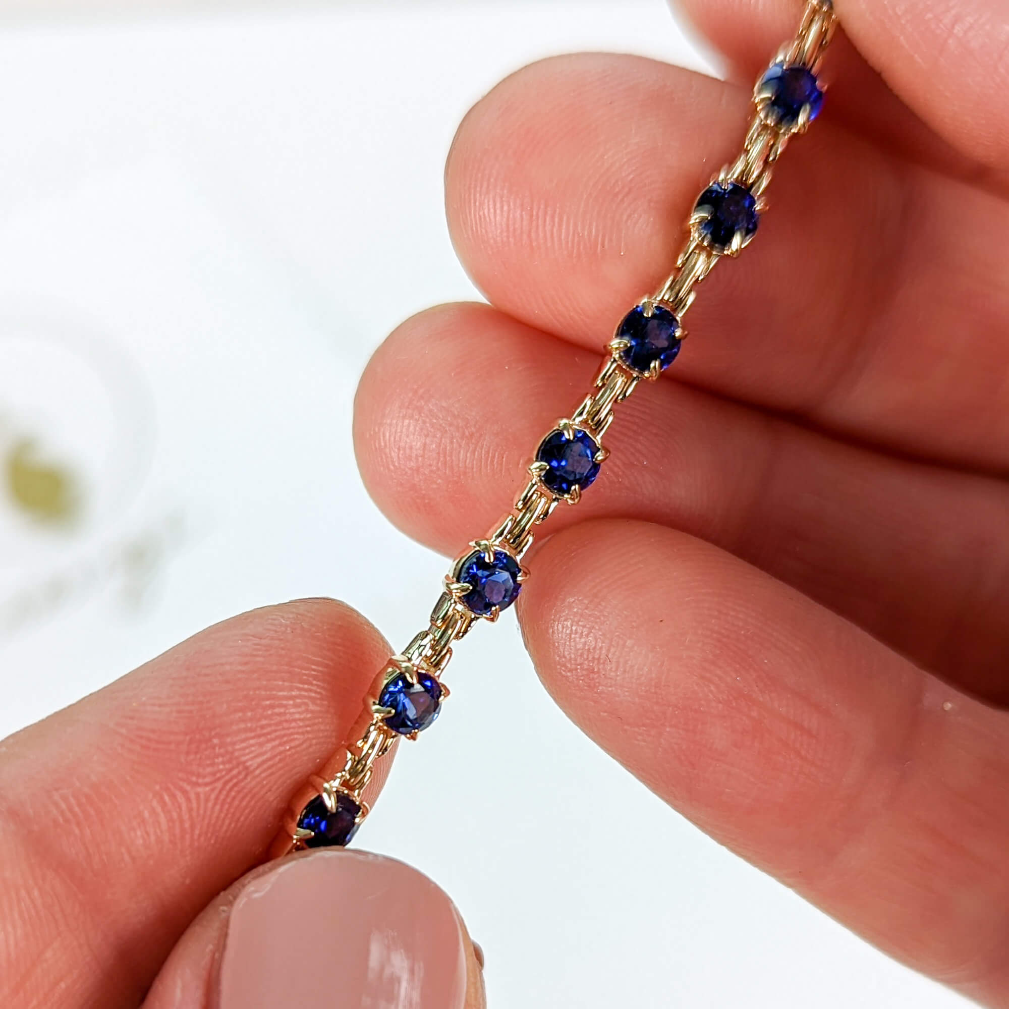 Luxury Jewelry Yellow Gold Round Cut Blue Sapphire Tennis Bracelet For Women