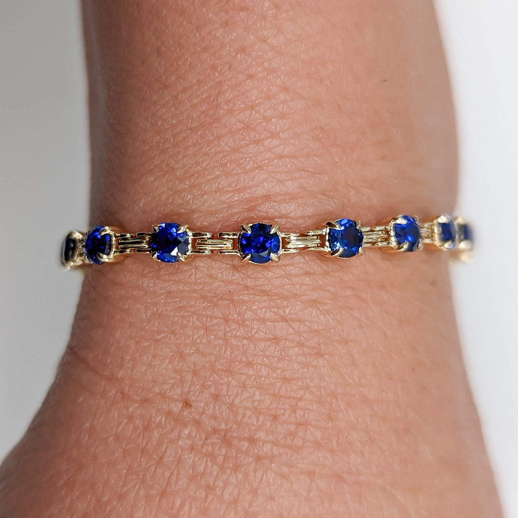 Luxury Jewelry Yellow Gold Round Cut Blue Sapphire Tennis Bracelet For Women