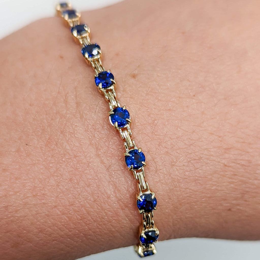 Luxury Jewelry Yellow Gold Round Cut Blue Sapphire Tennis Bracelet For Women